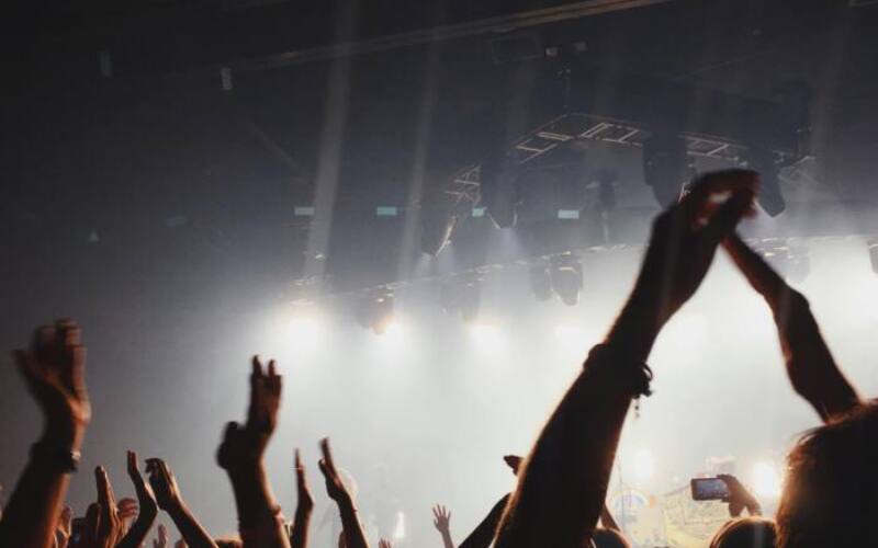 Vibrant concert atmosphere with cheering crowd under spotlights and lively music.